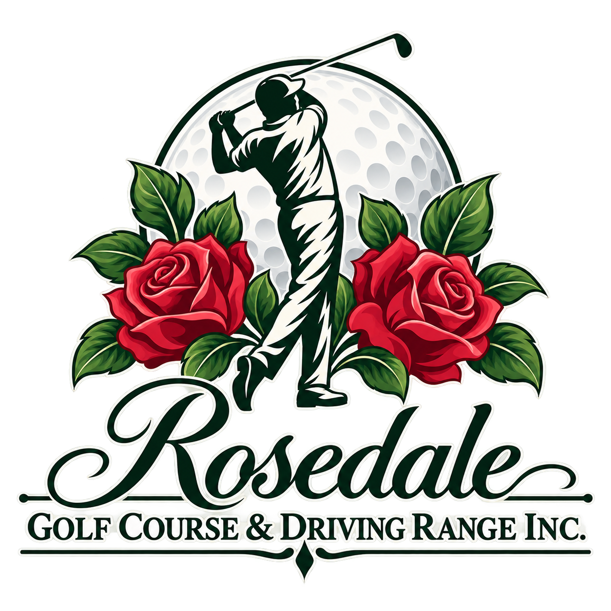 Rosedale Golf Course and Driving Range Incorporated logo with a golfer, golf ball and red roses